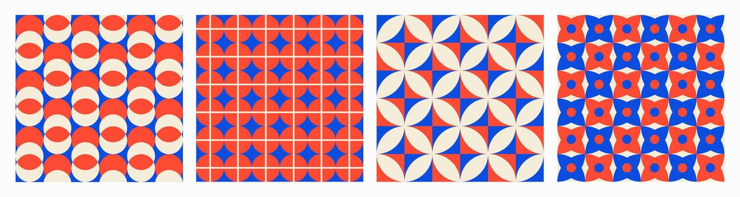 Trendy aesthetic retro set geometric seamless patterns. Modern abstract background. Blue and red colors
