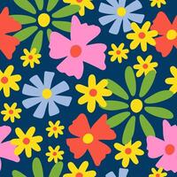 Seamless pattern with colorful groovy daisy flowers on a dark blue background vector