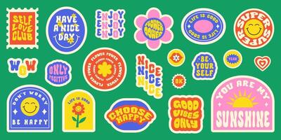 Trendy colorful set stickers with smiling face and text. Collection of cartoon shapes, positive slogans in style 90s vector