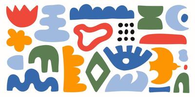 Abstract organic shapes with colorful geometric cutting doodles. Trendy random figures isolated on a white background vector