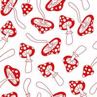 Floral linear seamless pattern with cute red mushrooms on a white background. Groovy retro vintage minimal print in style 70s, 80s. vector