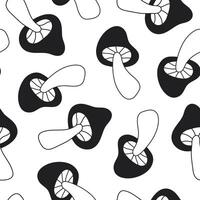 Floral linear seamless pattern with cute mushrooms on a white background. Groovy retro vintage minimal print vector