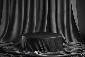 Black Fabric Draped Round Podium, Elegant Display Background photo
