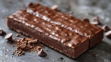 Closeup of a chocolate bar with chocolate chips on a wooden table photo