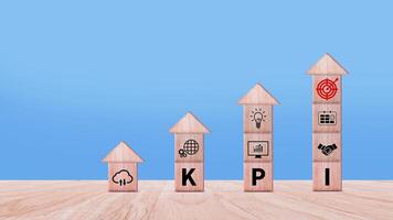 KPI text in wooden cube, Key Performance Indicator concept, Management data System KPI connected database follow earnings, Financial business data analytics graph dashboard. photo