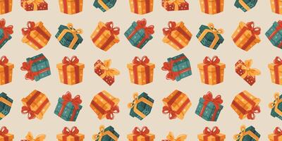 Seamless pattern of gift boxes with bows. Gifts of different sizes and colors, including green and yellow. . vector