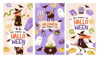 Halloween party template for social networks. Children in funny and scary witch, ghost and monster costumes. Festive background, postcard for event invitation. Halloween web banner vector