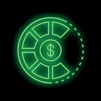 Neon green glowing icon of a pie chart showing increasing profits with a dollar sign vector