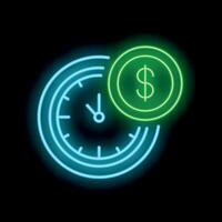 Neon sign depicting a clock overlapping with a dollar coin symbolizing time is money vector
