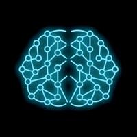 Neon blue artificial intelligence brain showing neural network on black background vector