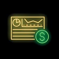 Neon icon of financial report with charts, graphs, and dollar sign vector