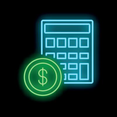 Neon calculator icon showing dollar currency symbol for finance