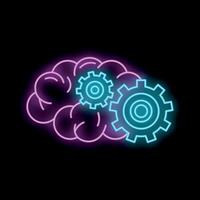 Neon style illustration of a brain with gears representing thinking process vector