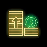 Neon sign representing growing stack of money with up arrow and dollar coin vector