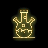 Neon icon of round bottom flask with bubbling liquid for chemical experiments vector