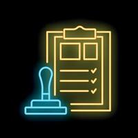 Neon approved document with checklist and stamp icon on black background vector
