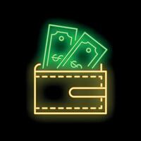 Glowing neon line icon of a wallet with dollar banknotes inside, isolated on a black background vector