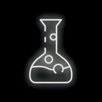 White neon sign showing bubbling erlenmeyer flask on black background vector
