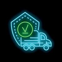 Neon icon of cargo truck covered by shield with check mark representing secure delivery vector