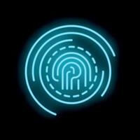 Neon fingerprint glowing on black background representing user identification vector