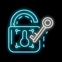 Neon padlock being unlocked with key representing cybersecurity concept vector