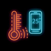 Neon icon of smartphone displaying temperature in celsius next to a thermometer vector