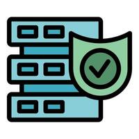 Data protection shield showing secured server and database vector