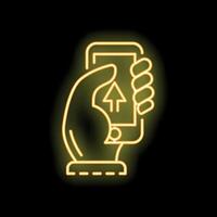 Hand holding smartphone with upload symbol in neon style vector
