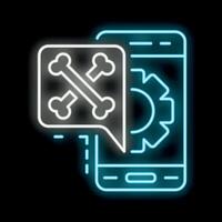 Neon icon of smartphone showing bones symbol and gear for mobile development vector
