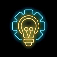 Neon icon of lightbulb surrounded by gear mechanism representing innovation vector