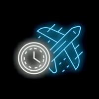 Neon airplane taking off with clock depicting flight time vector