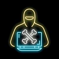Hacker using laptop with skull and crossbones symbol neon sign vector