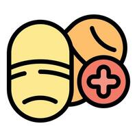 Sad emoticon face taking medicine pill with medical cross vector
