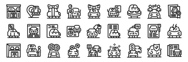 Dealership icons set. Car selling process from choosing to buying with help from salesman in showroom or online store icons set outline style vector