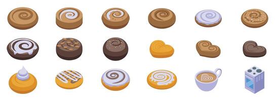 Cinnamon bun icons set. Bakery offering freshly baked cinnamon rolls with various toppings and shapes vector