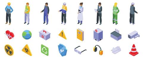 HSE icons set. Occupational safety and health icons showing different professions and safety equipment in isometric view vector
