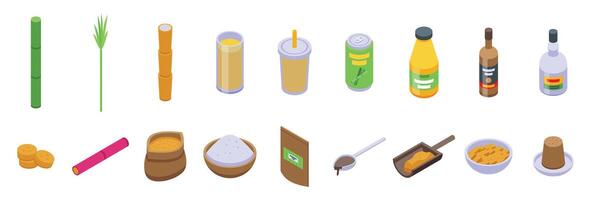 Sugarcane icons set. Sugarcane production process showing different products from plant to final form vector