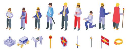 Prince character icons set. Royal family members posing and medieval kingdom attributes isometric icons set vector