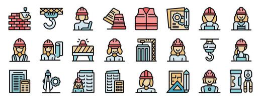 Female builder icons set. Outline set of female builder icons for web design isolated on white background vector