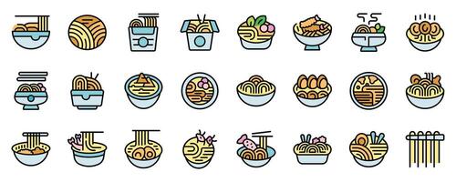 Different bowls of ramen with chopsticks, noodles and toppings are waiting for customers vector
