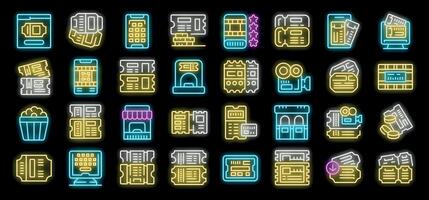 This big set of neon icons shows different types of tickets, online booking and ticket purchase vector