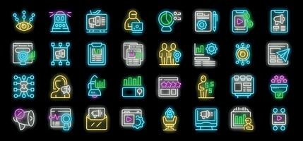 Neon icons showing digital marketing strategies, tools, and concepts vector
