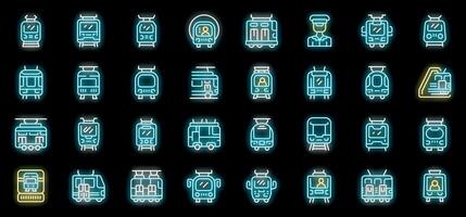 Set of tramway, trolleybus and funicular neon icons glowing in the dark vector