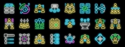 Bright glowing colorful workflow and organization neon icons set on black background for business strategy and teamwork vector
