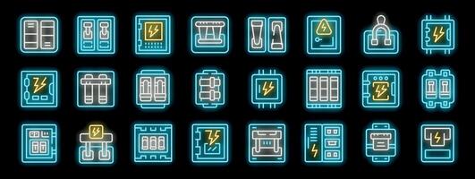 Neon electrical panel icons showing circuit breakers and fuses vector