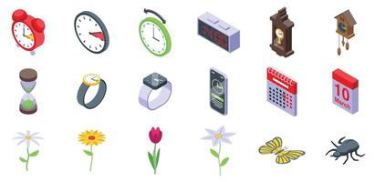 Spring forward icons set. Time passing concept with clock and calendar isometric icons set vector