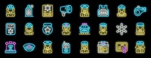 Policewoman neon icons set, bright signboard light banner vector