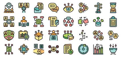 Workflow management icons depicting planning, teamwork, task delegation, and project execution vector