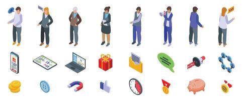 Refer friend icons set. People sharing referral program information with friends isometric set vector