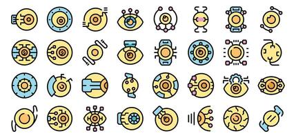 Big set of bionic eye icons showing futuristic vision with electronic eyes and technological implants vector
